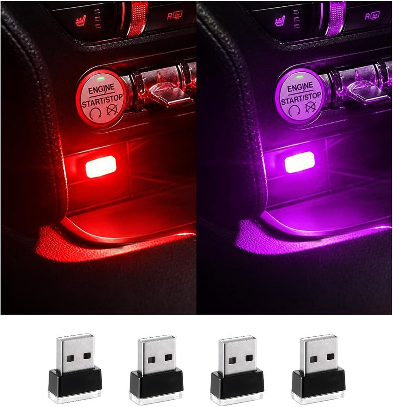 Augeny 4 PCS USB LED Car Interior Atmosphere Lamp, Plug-in USB Decor Night Light, Portable Auto Ambient Lighting Kit, Universal Vehicle Interior Accessories for Most Cars (2 Red+2 Purple) - Image 1
