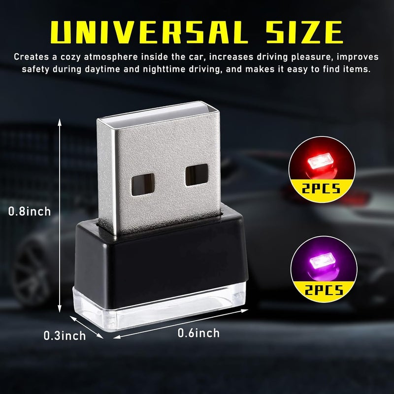 Augeny 4 PCS USB LED Car Interior Atmosphere Lamp, Plug-in USB Decor Night Light, Portable Auto Ambient Lighting Kit, Universal Vehicle Interior Accessories for Most Cars (2 Red+2 Purple) - Image 2