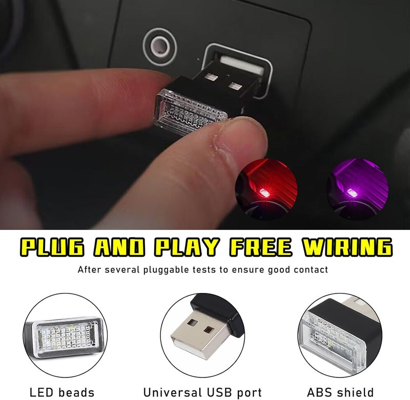 Augeny 4 PCS USB LED Car Interior Atmosphere Lamp, Plug-in USB Decor Night Light, Portable Auto Ambient Lighting Kit, Universal Vehicle Interior Accessories for Most Cars (2 Red+2 Purple) - Image 3