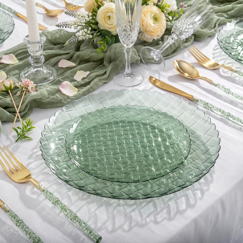 Festiva 60PCS Clear Sage Green Plastic Plates - Heavy Duty Weave Pattern Fancy Disposable Plates-serve for 30 guests Include 30PCS 10" & 30PCS 7" Plates for Wedding &Easter Party(Sage Green) - Image 4