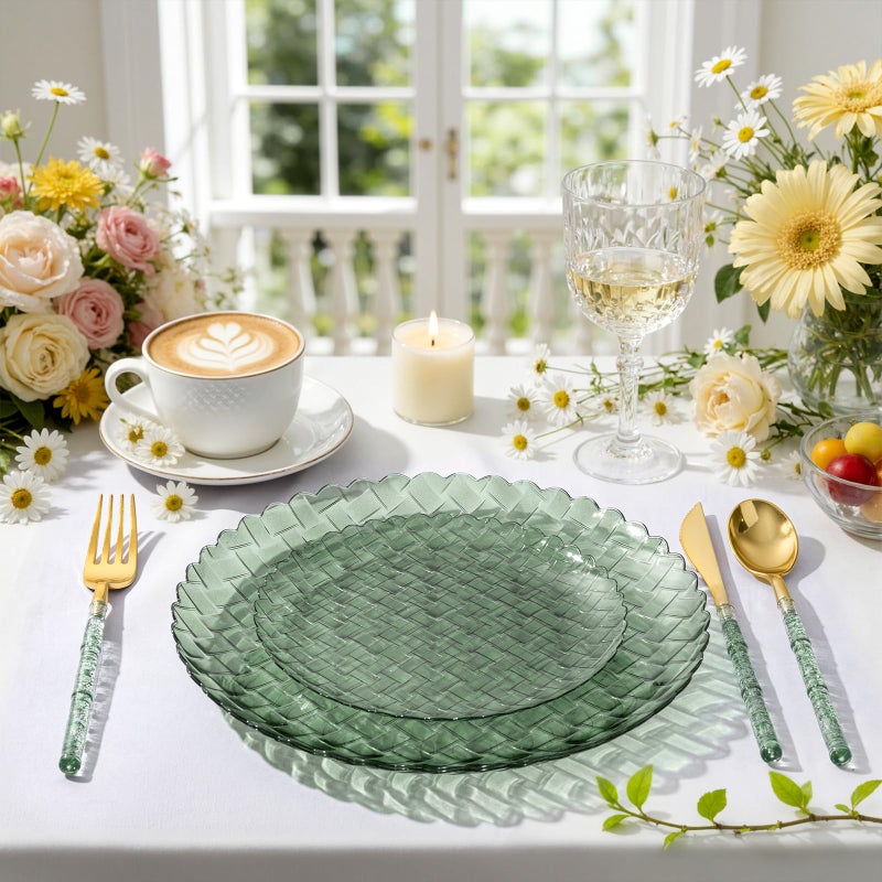 Festiva 60PCS Clear Sage Green Plastic Plates - Heavy Duty Weave Pattern Fancy Disposable Plates-serve for 30 guests Include 30PCS 10" & 30PCS 7" Plates for Wedding &Easter Party(Sage Green) - Image 5