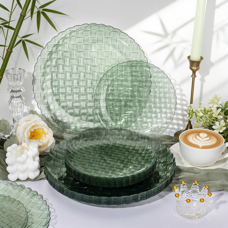 Festiva 60PCS Clear Sage Green Plastic Plates - Heavy Duty Weave Pattern Fancy Disposable Plates-serve for 30 guests Include 30PCS 10" & 30PCS 7" Plates for Wedding &Easter Party(Sage Green) - Image 3