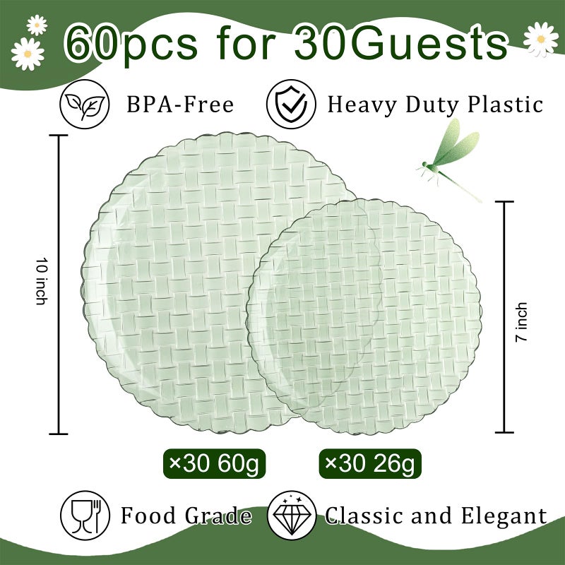 Festiva 60PCS Clear Sage Green Plastic Plates - Heavy Duty Weave Pattern Fancy Disposable Plates-serve for 30 guests Include 30PCS 10" & 30PCS 7" Plates for Wedding &Easter Party(Sage Green) - Image 2