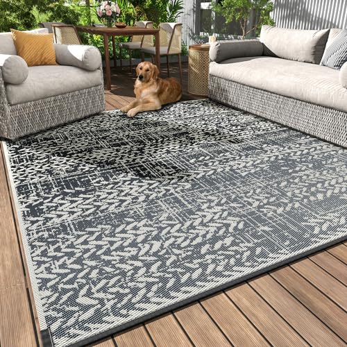 MontVoo Outdoor Rug Waterproof-Patio Rug Mat 5x8 Outdoor Carpet Reversible RV Camping Picnic Plastic Straw Rug Outside Outdoor Area Rug for Balcony Deck Backyard Patio Decor Boho Modern Abstract - Image 1