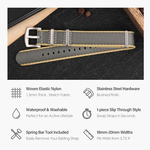 watchdives Nylon Watch Band 18mm 20mm 22mm Multicolor Replacement Watch Straps for Men Women (Yellow Gray, 22mm) - Image 2