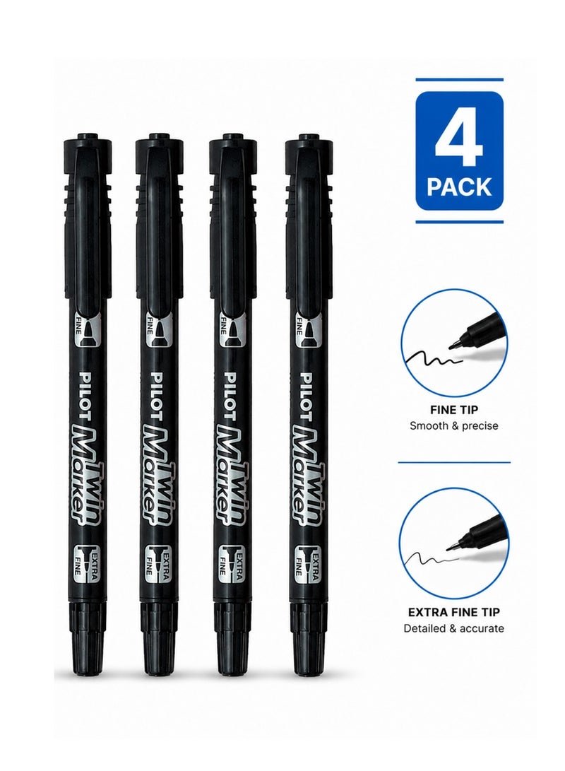 PILOT 4-Piece Twin Tip Permanent Marker Black Ink - Image 1