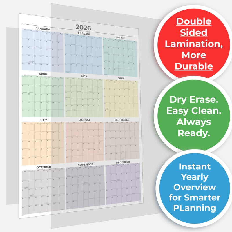 HADIGU 2026 Wall Calendar Large (39 x 27 inches - Rolled) Dry Erase Calendar for Wall, Vertical, Quality Large Print, Gloss Lamination, Pastel Colors Design. - Image 3
