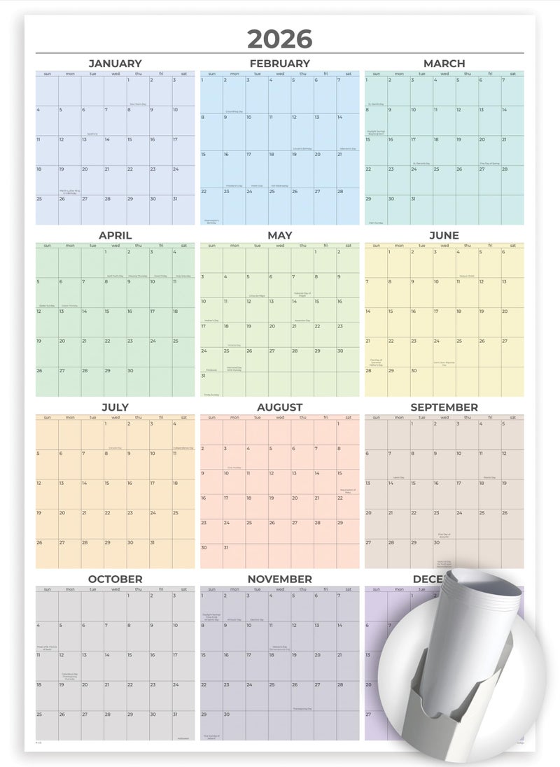 HADIGU 2026 Wall Calendar Large (39 x 27 inches - Rolled) Dry Erase Calendar for Wall, Vertical, Quality Large Print, Gloss Lamination, Pastel Colors Design. - Image 1