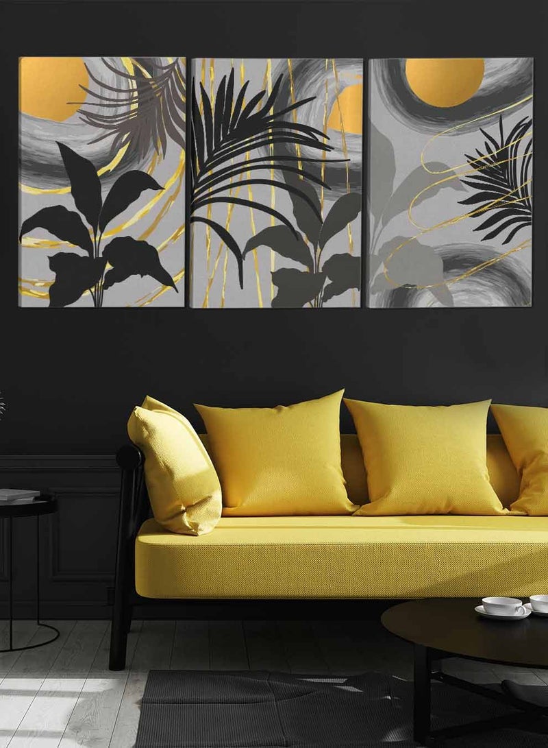 لوحة طقم من ٣ لوحات كانفاس على إطار خشبي تصميم أوراق زهور للمنزل غرفة المعيشة المكتب الديكور - Image 3