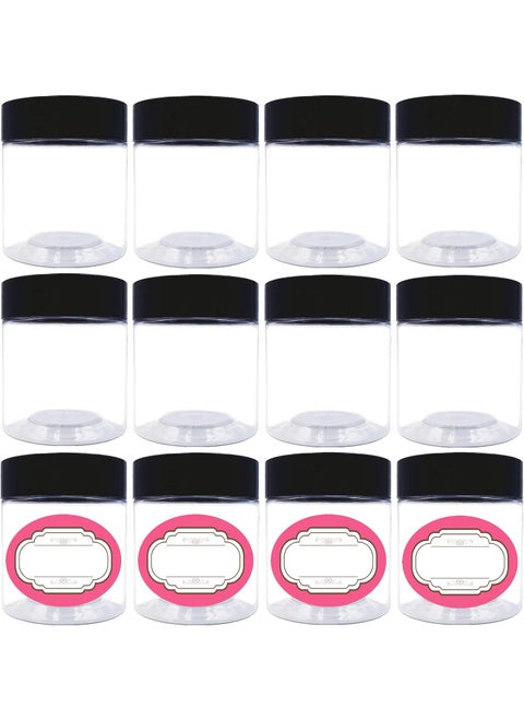 12 Pack 6 oz Plastic Jars with lids,Wide-mouth Clear Storage Containers with Black Lids,Empty Round Clear Plastic Jars with Lids and labels for Body Butter,Bath Salt,Slime and Beauty Products