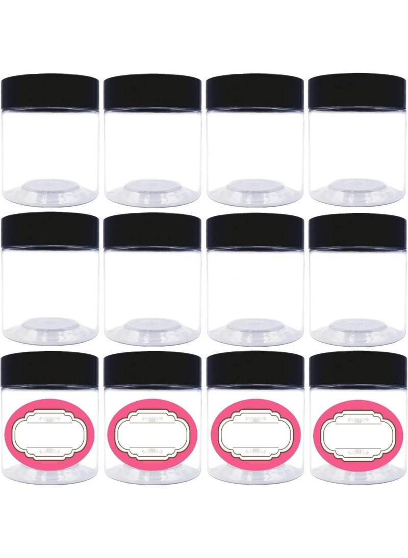 12 Pack 6 oz Plastic Jars with lids,Wide-mouth Clear Storage Containers with Black Lids,Empty Round Clear Plastic Jars with Lids and labels for Body Butter,Bath Salt,Slime and Beauty Products