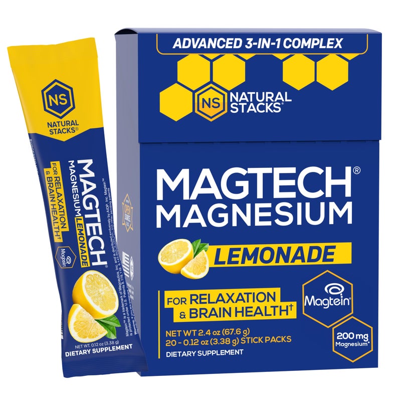 MagTech Magnesium Drink Mix Lemonade 3 Forms of Magnesium Magtein LThreonate Glycinate Taurate 200mg Chelated Magnesium Complex Supports Relaxation Brain Health 20 Stick Packs