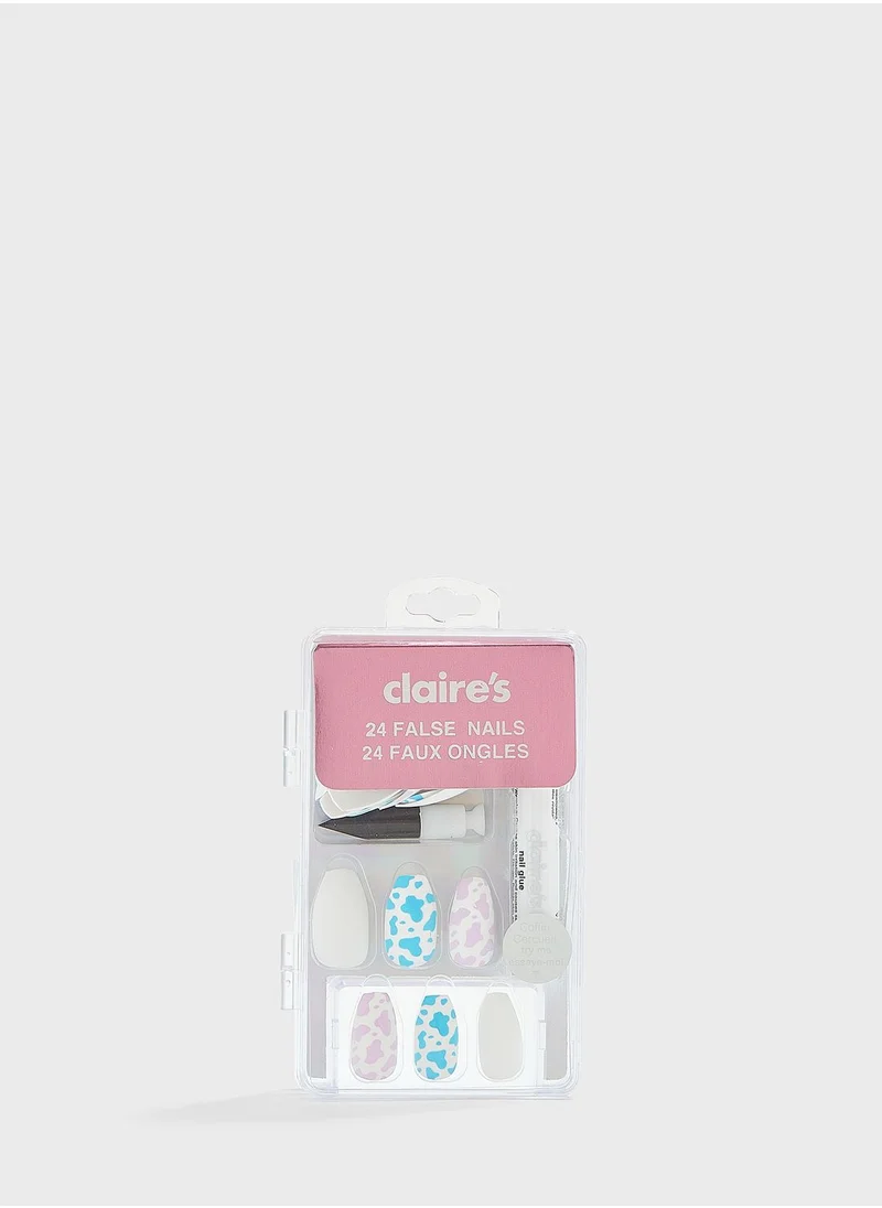 Claires Blue Cow Print Faux Nail