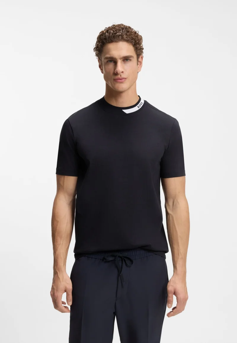 BOSS Stretch-cotton T-shirt with logo collar