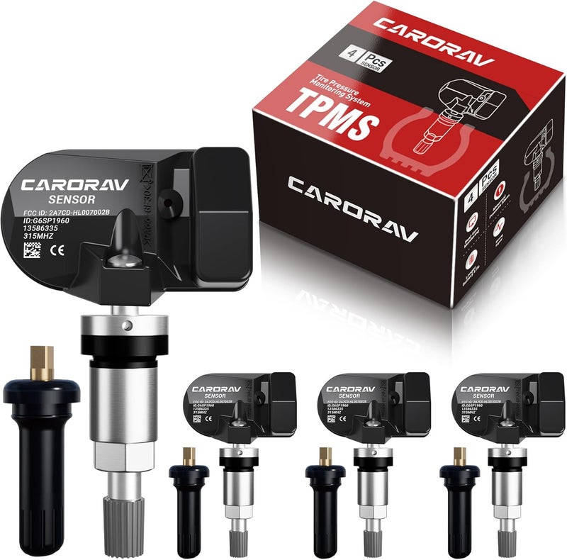 CARORAV مستشعر ضغط الإطارات 315MHz TPMS 4 قطع بديل لـ GM شيفروليه GMC كاديلاك بويك OE يستبدل # 13586335, 13581558, 13598771, 13598772 - Image 1