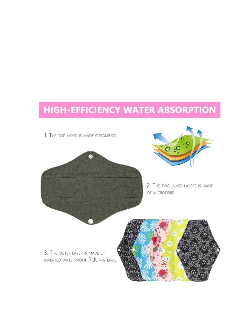 Excefore - 5 Pack Reusable Sanitary Pads, Bamboo Charcoal Sanitary Towels, Washable Waterproof Menstrual Absorbent Pads, Cloth Medium to Heavy Flow Eco Friendly Pads - Image 1