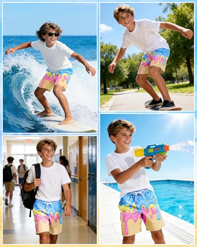 Lattlefnki Boys Swim Trunks Size 14-16, Boys Bathing Suit Ice Cream Swim Shorts Quick Dry Kids Swimsuit Beach Swimwear with Compression Liner - Image 4