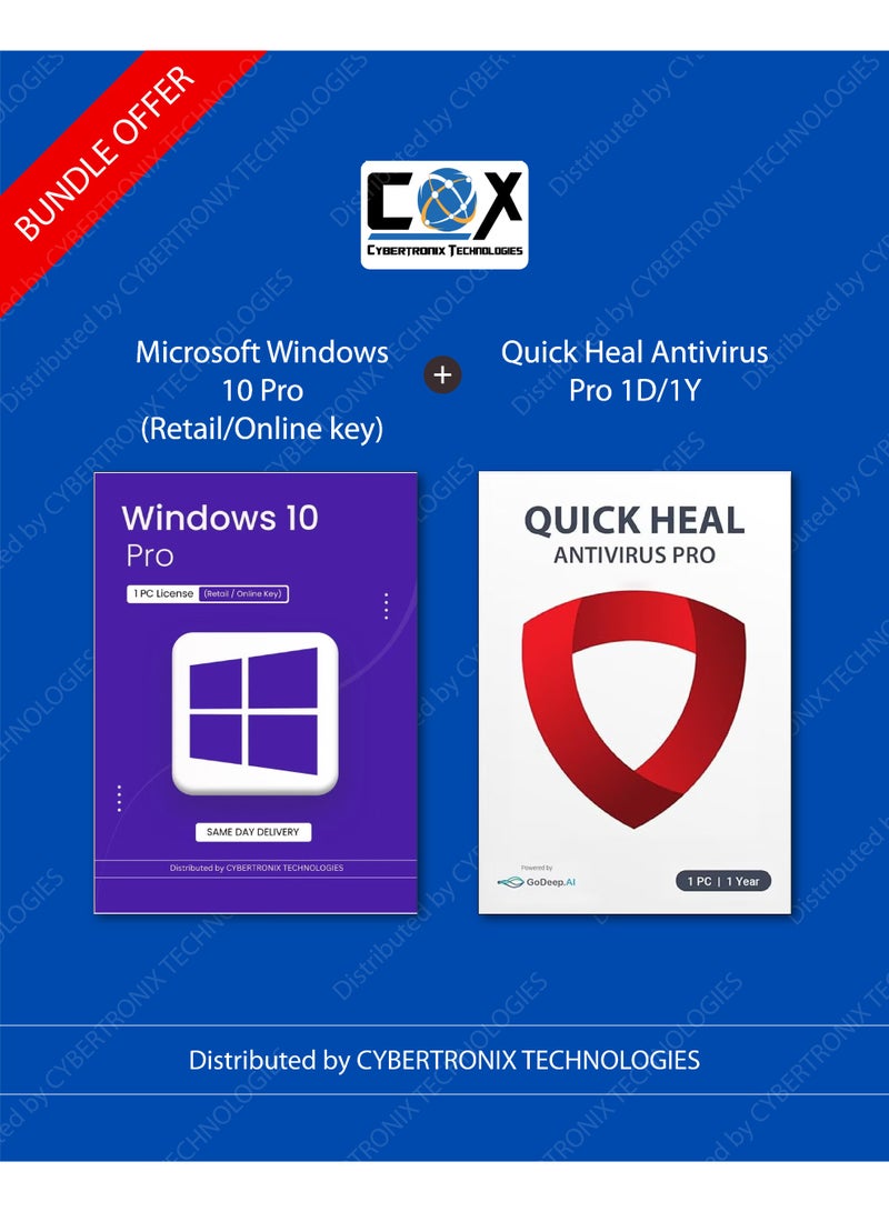 Quick Heal Microsoft Windows 10 Pro | 1 PC License (Retail / Online Key) + Quick Heal Antivirus Pro for 1 Window Device 1 Year | Digital Subscription | SAME DAY DELIVERY - Image 1
