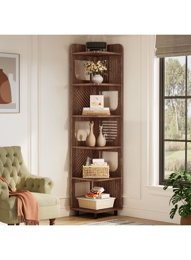 LITTLE TREE 6-Tier Tall Corner Shelf, 180cm Rustic Narrow Corner Bookshelf Bookcase with Square Rack, Freestanding Corner Display Storage Shelf Organizer for Living Room, Kitchen, Office, Brown - Image 5