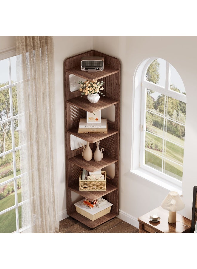 LITTLE TREE 6-Tier Tall Corner Shelf, 180cm Rustic Narrow Corner Bookshelf Bookcase with Square Rack, Freestanding Corner Display Storage Shelf Organizer for Living Room, Kitchen, Office, Brown - Image 3