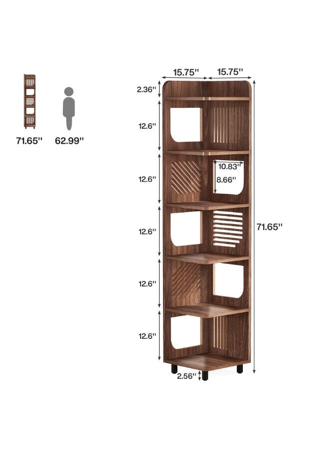 LITTLE TREE 6-Tier Tall Corner Shelf, 180cm Rustic Narrow Corner Bookshelf Bookcase with Square Rack, Freestanding Corner Display Storage Shelf Organizer for Living Room, Kitchen, Office, Brown - Image 2