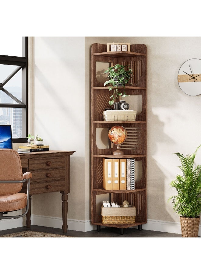 LITTLE TREE 6-Tier Tall Corner Shelf, 180cm Rustic Narrow Corner Bookshelf Bookcase with Square Rack, Freestanding Corner Display Storage Shelf Organizer for Living Room, Kitchen, Office, Brown - Image 4