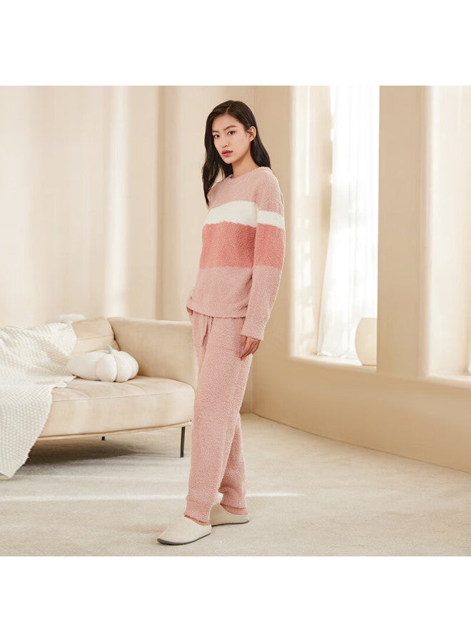 Agentmuse Women's Pajamas, Autumn And Winter New Style, Warm Fleece-lined Ultra-soft Half-fleece Couple Set, Loungewear 919t, Pink And Beige, L