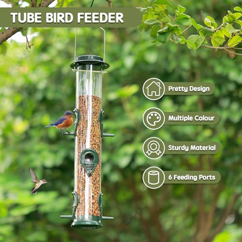 MIXXIDEA 1PK Metal Wild Bird Feeder,Squirrel Proof Bird Feeders for Outside,Hanging 6 Port Tube Bird Feeder Transparent Finch Bird Feeder for Attracting Birds in Your Lawn, Garden, Balcony-Green - Image 4