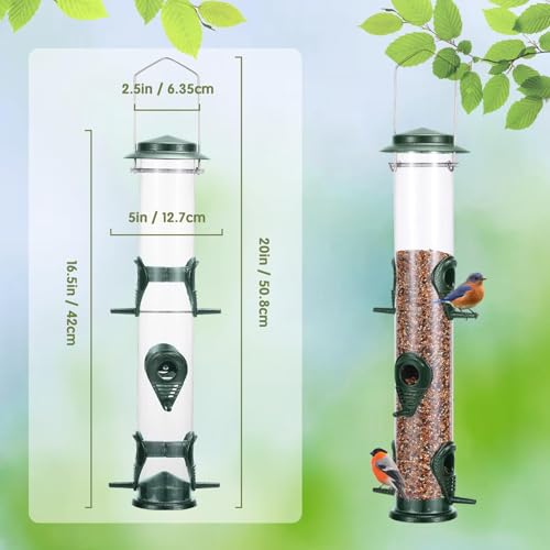 MIXXIDEA 1PK Metal Wild Bird Feeder,Squirrel Proof Bird Feeders for Outside,Hanging 6 Port Tube Bird Feeder Transparent Finch Bird Feeder for Attracting Birds in Your Lawn, Garden, Balcony-Green - Image 2