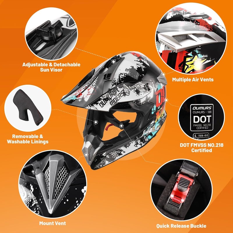 OUMURS DOT Adult Dirt Bike Helmet with Goggles, Gloves & Mask - Adjustable Sun Visor for Off-Road Motocross - Image 2