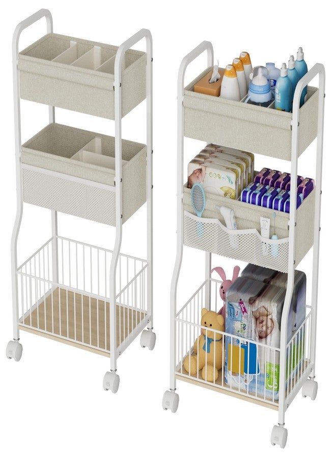 NEYCIL 3-tier Baby Diaper Caddy Organizer and Storage Cart with 4+3 Dividers, Metal Utility Cart with Lockable Wheels for Nursery, Bedroom, Bathroom, White - Image 1