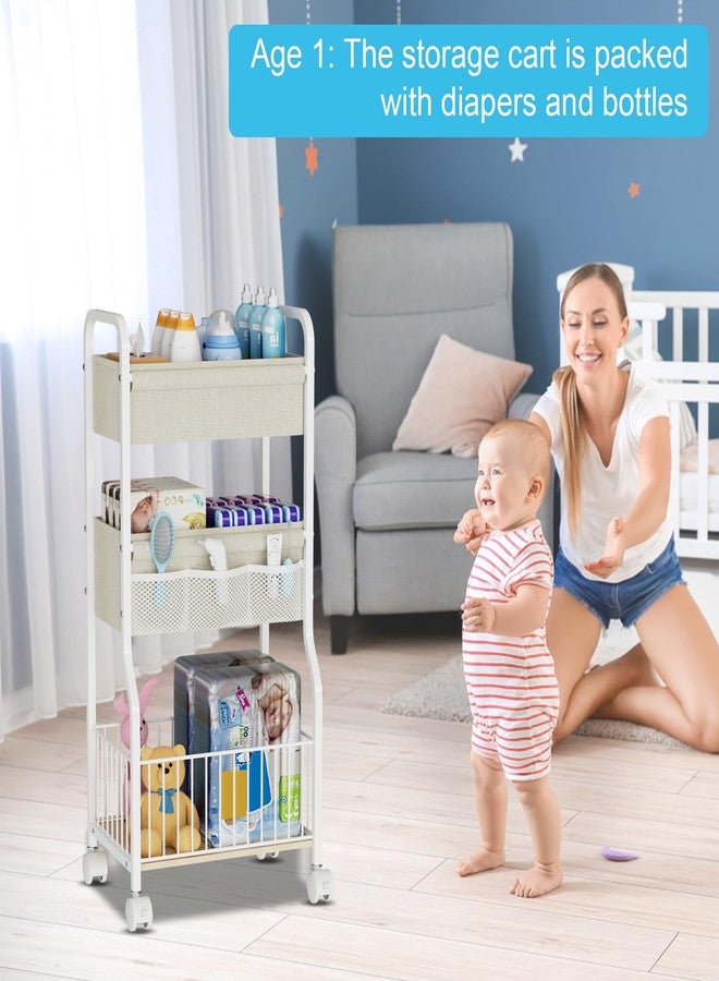 NEYCIL 3-tier Baby Diaper Caddy Organizer and Storage Cart with 4+3 Dividers, Metal Utility Cart with Lockable Wheels for Nursery, Bedroom, Bathroom, White - Image 3