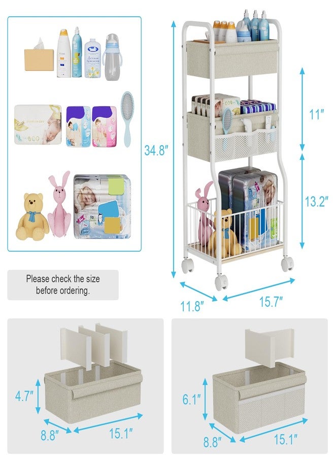 NEYCIL 3-tier Baby Diaper Caddy Organizer and Storage Cart with 4+3 Dividers, Metal Utility Cart with Lockable Wheels for Nursery, Bedroom, Bathroom, White - Image 2