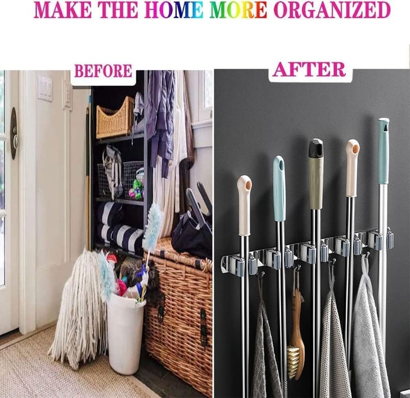 BluBasket 1 piece Broom Mop Holder Wall Mount Stainless Steel Wall Mounted Storage Organizer Heavy Duty Tools Hanger with 5 Racks 4 Hooks for Kitchen Bathroom Closet Garage Office Garden - Image 5