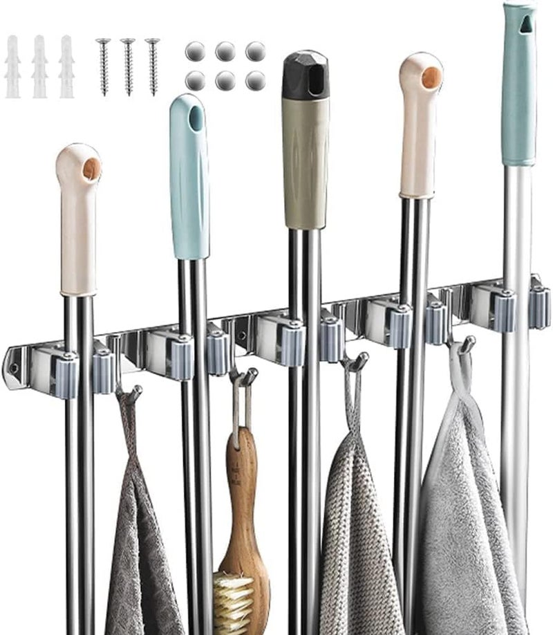 BluBasket 1 piece Broom Mop Holder Wall Mount Stainless Steel Wall Mounted Storage Organizer Heavy Duty Tools Hanger with 5 Racks 4 Hooks for Kitchen Bathroom Closet Garage Office Garden - Image 1