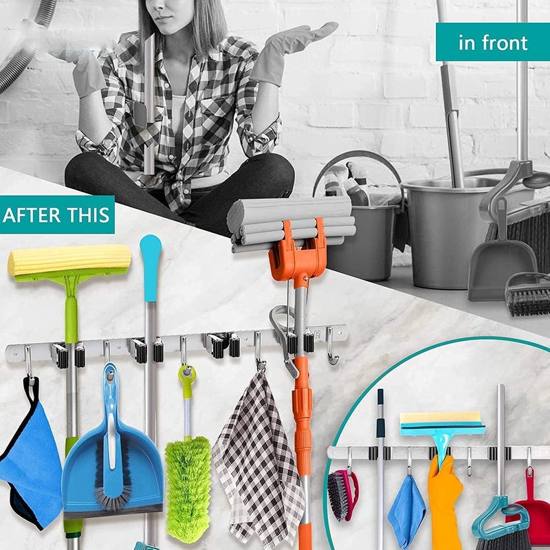 BluBasket 1 piece Broom Mop Holder Wall Mount Stainless Steel Wall Mounted Storage Organizer Heavy Duty Tools Hanger with 5 Racks 4 Hooks for Kitchen Bathroom Closet Garage Office Garden - Image 4
