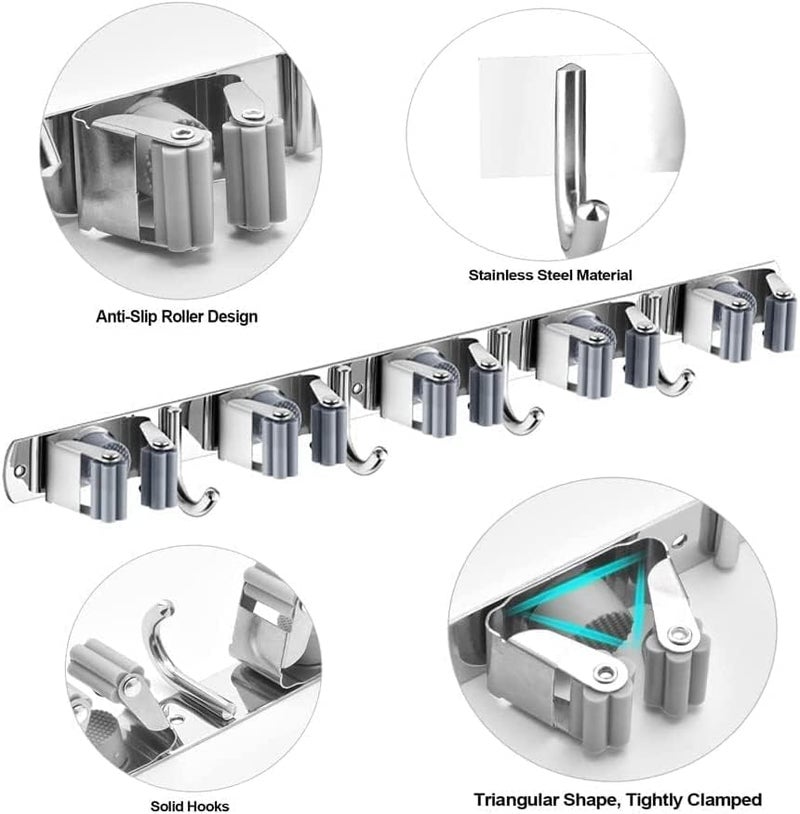 BluBasket 1 piece Broom Mop Holder Wall Mount Stainless Steel Wall Mounted Storage Organizer Heavy Duty Tools Hanger with 5 Racks 4 Hooks for Kitchen Bathroom Closet Garage Office Garden - Image 2