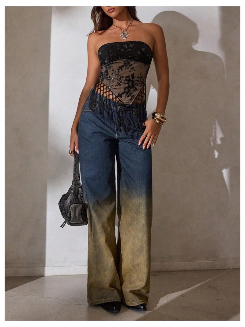 MakeMeChic Women's Sequin Tube Top Fringe Y2K Tassel Mesh Sheer Rave Sparkly Party Tops Black Medium - Image 4