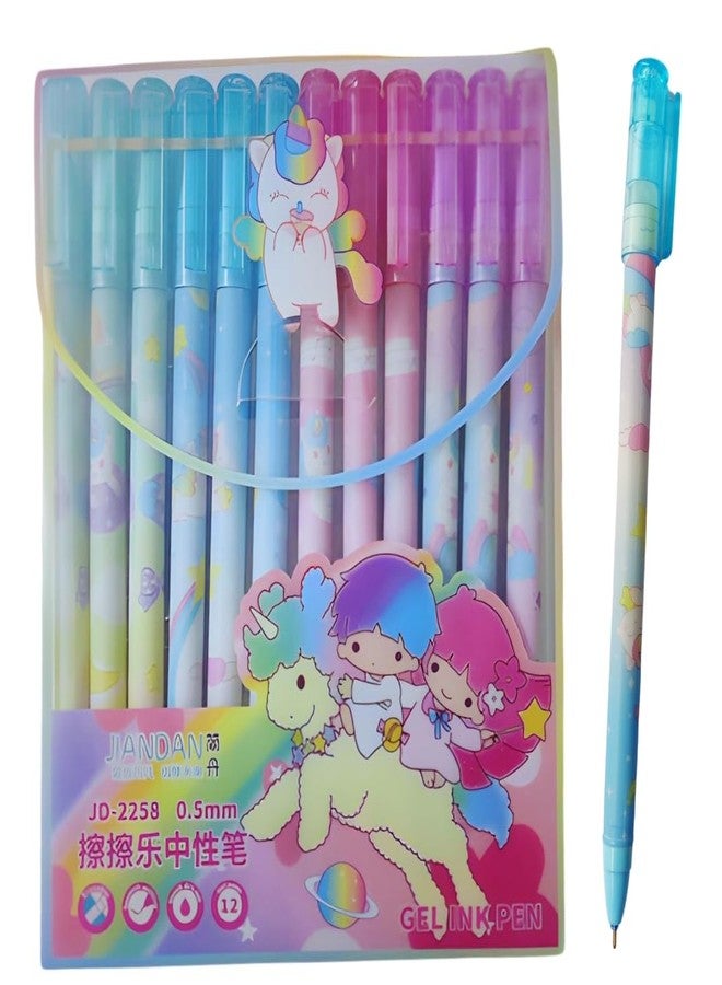PLUSPOINT Unicorn Theme Gel Pens for Kids, 0.5mm Eraseable Blue Gel Pen Set of 12 for Girls & Boys, Adorable Colorful Pen for notes taking Project Work, Journal, Blue Ink,Stationery for kids adult - Image 1