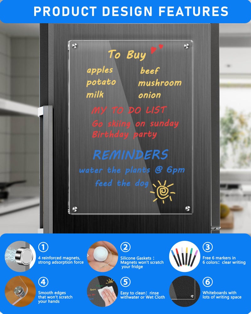 bamandan Clear Acrylic Magnetic Dry Erase Board for Fridge,12"x8" Magnetic Whiteboard for Fridge, Magnet Weekly Planner Calendar for Refrigerator Includes 6 Colors Markers - Image 3