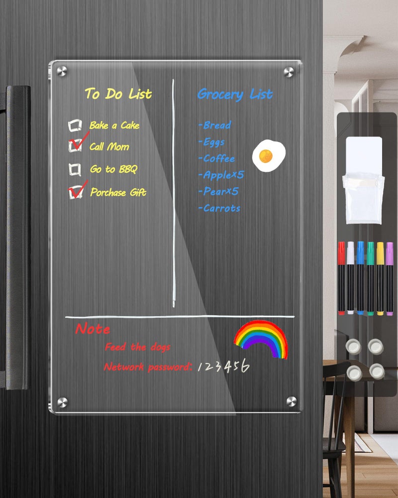 bamandan Clear Acrylic Magnetic Dry Erase Board for Fridge,12"x8" Magnetic Whiteboard for Fridge, Magnet Weekly Planner Calendar for Refrigerator Includes 6 Colors Markers - Image 1