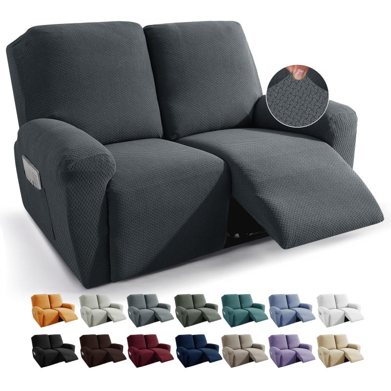 JIVINER Loveseat Recliner Covers 6Piece Stretch Jacquard Recliner Sofa Slipcover 2 Seater Washable Reclining Couch Cover with Pocket Fitted Furniture Protector Cover Loveseat Recliner Dark Gray