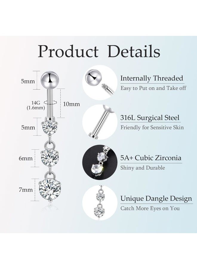 CANDYFANCY 14G Dangly Belly Button Rings Surgical Steel Gem Navel Rings Dangle Triple Round CZ Barbell Belly Piercings Jewelry, Cubic Zirconia, cubic zirconia - Image 4