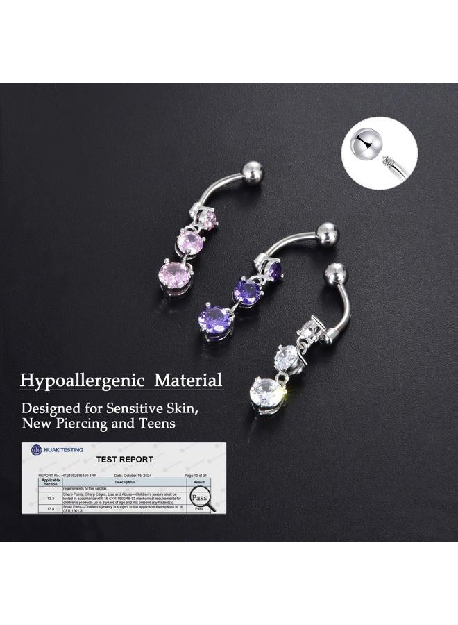 CANDYFANCY 14G Dangly Belly Button Rings Surgical Steel Gem Navel Rings Dangle Triple Round CZ Barbell Belly Piercings Jewelry, Cubic Zirconia, cubic zirconia - Image 3