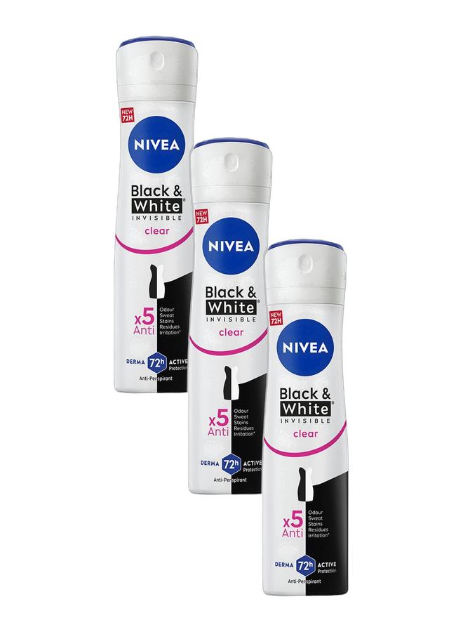NIVEA Black And White Invisible Antiperspirant Deodorant Spray For Women, Clear, 72H Active Protection, 5IN1, Anti-Odour, Sweat, Stains, Residues And Irritation 150ml  Pack of 3 - Image 1