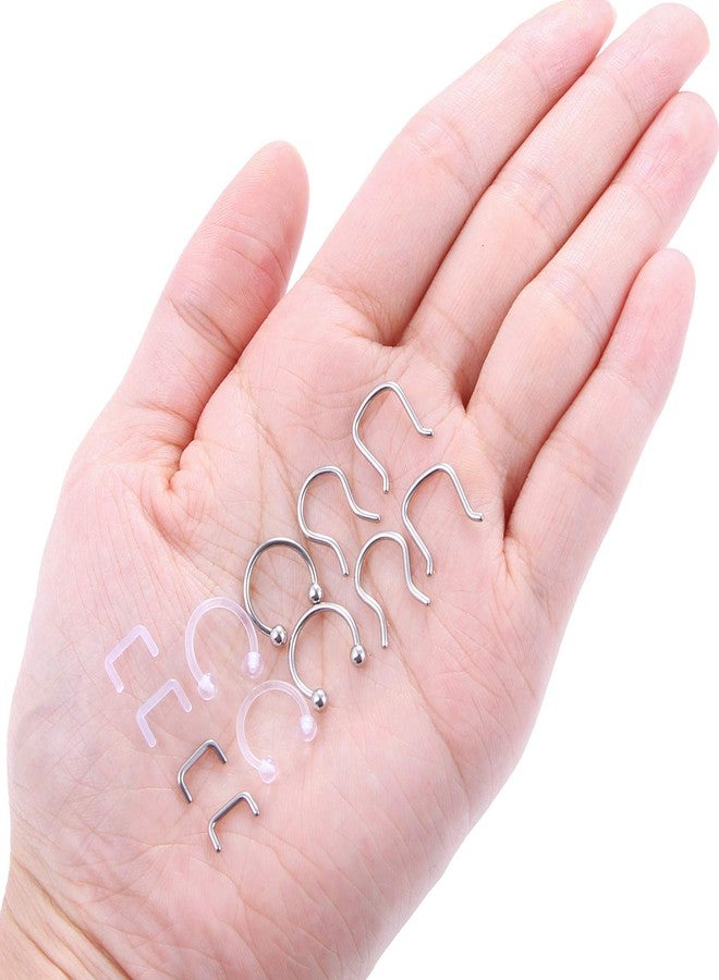 Hoeudjo 12Pcs 16G Septum Retainer Clear Acrylic and Surgical Steel Septum Nose Rings Hoop Horseshoe Cartilage Tragus Septum Ring Body Piercing Jewelry for Women Men Silver-Tone - Image 3