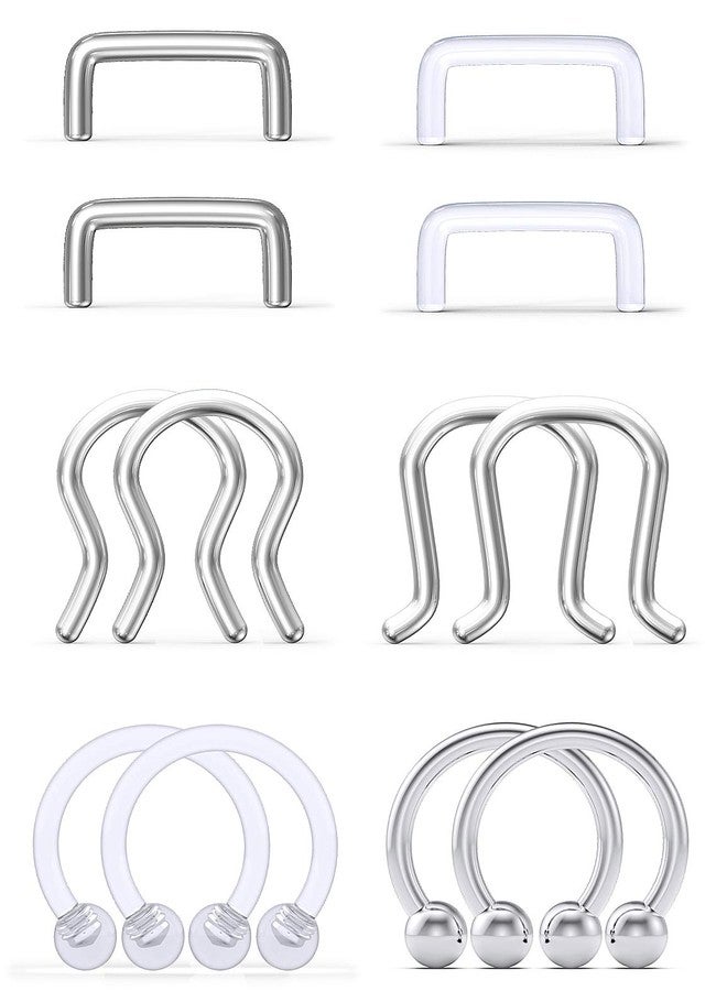 Hoeudjo 12Pcs 16G Septum Retainer Clear Acrylic and Surgical Steel Septum Nose Rings Hoop Horseshoe Cartilage Tragus Septum Ring Body Piercing Jewelry for Women Men Silver-Tone - Image 1