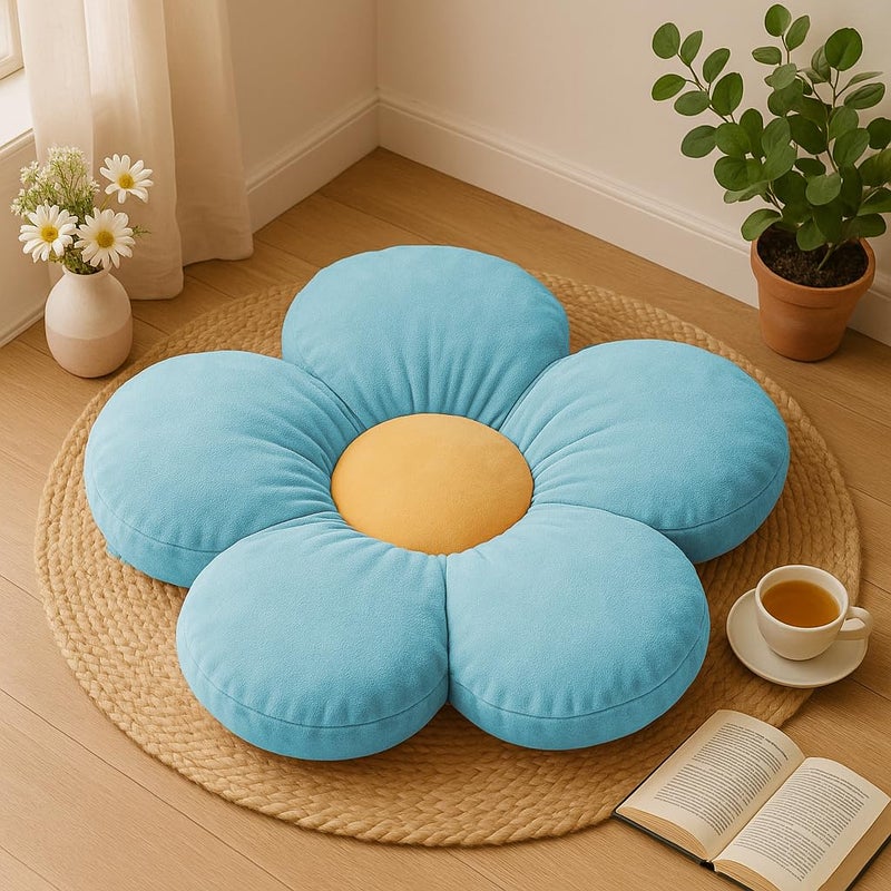 Peach Cuddle Flower Shaped Velvet Floor Cushion (16x16 inch, Light Blue) - Image 2