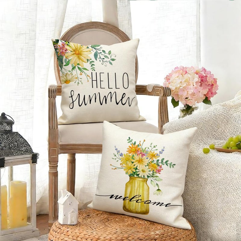 RABUSOFA Daisy Floral Vase Hello Summer Pillow Covers Set of 4,Seasonal Yellow Striped Outdoor Decorative Cushion Case Summer Decorations for Home Decor 18x18 Inch - Image 4