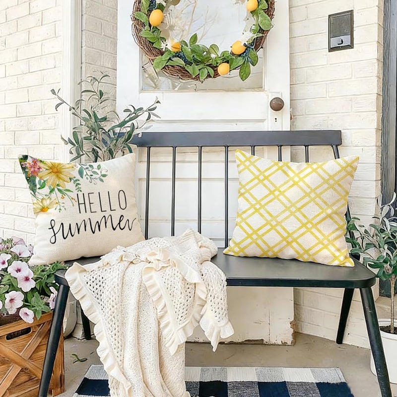 RABUSOFA Daisy Floral Vase Hello Summer Pillow Covers Set of 4,Seasonal Yellow Striped Outdoor Decorative Cushion Case Summer Decorations for Home Decor 18x18 Inch - Image 3